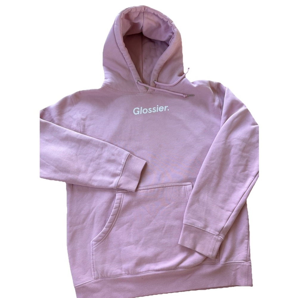 Glossier Pink Hoodie Small Pullover Logo Graphic Smiley Face Sweatshirt